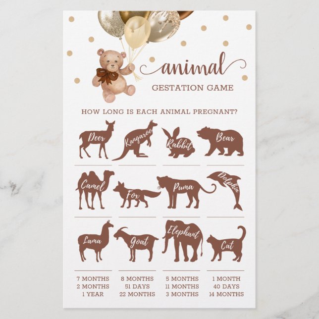 Lámina Juego De Gestación De Animales De Oso Marrón Y Oro (Anverso)