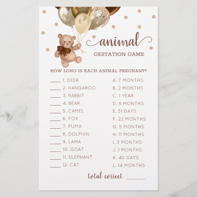 Lámina Juego De Gestación De Animales De Oso Marrón Y Oro (Anverso)