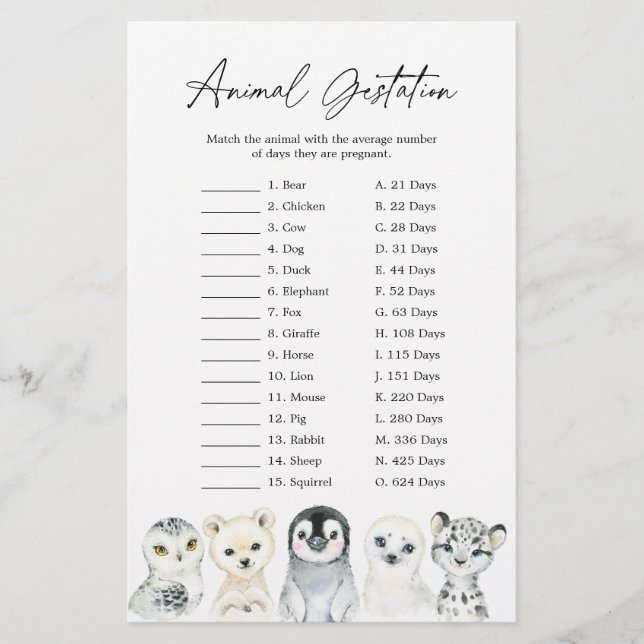 Lámina Juego de Gestación de Animales del Ártico Baby Sho (Anverso)