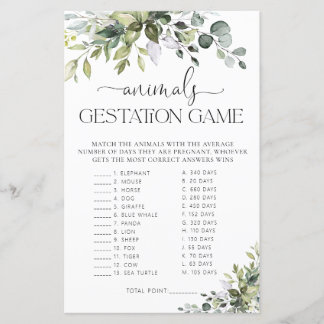 Lámina Juego de Gestación de Animales para Baby Shower Gr