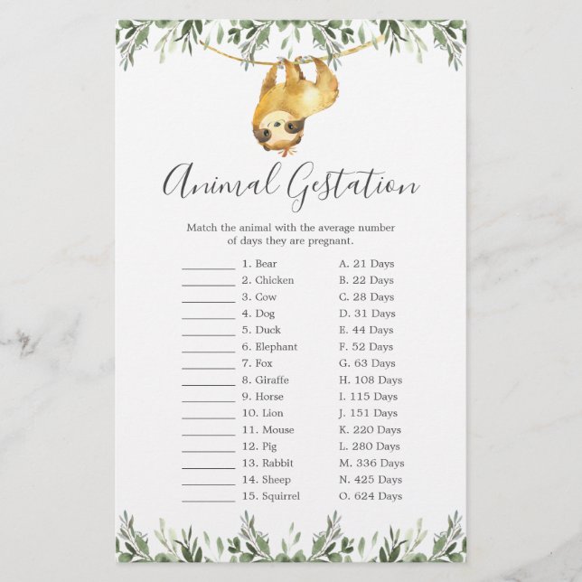 Lámina Juego de Gestación de Animales Sloth Baby Shower (Anverso)