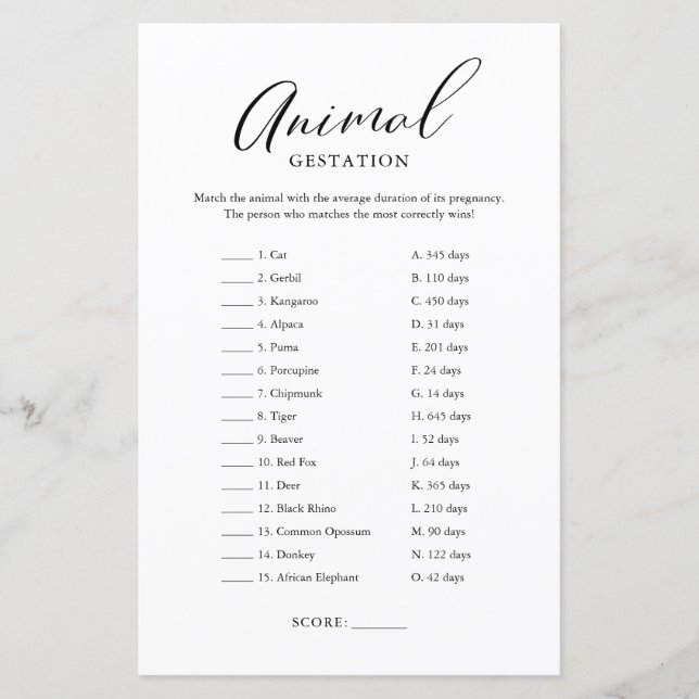 Lámina Juego de gestación de bebé de caligrafía minimalis (Anverso)