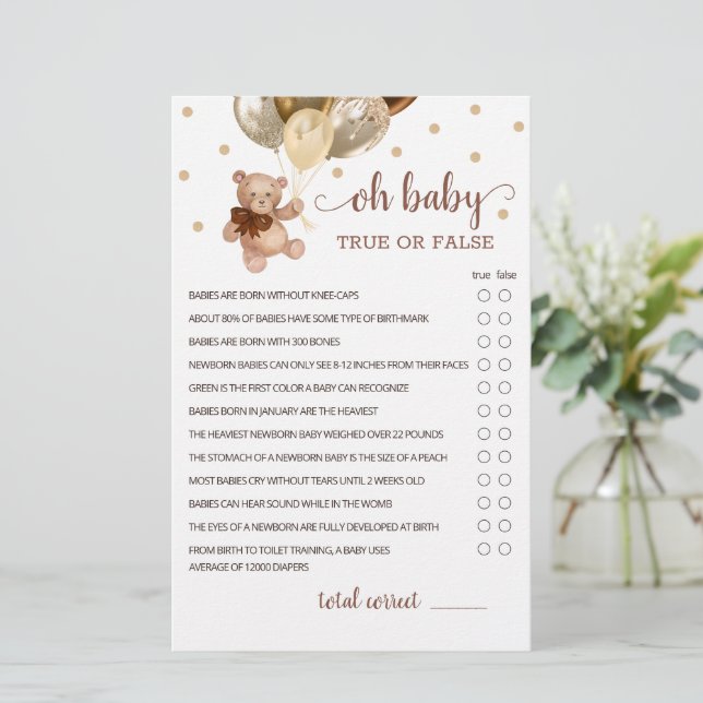 Lámina Juego De Hechos Verdaderos O Falsos Baby Shower Te (Anverso de pie)