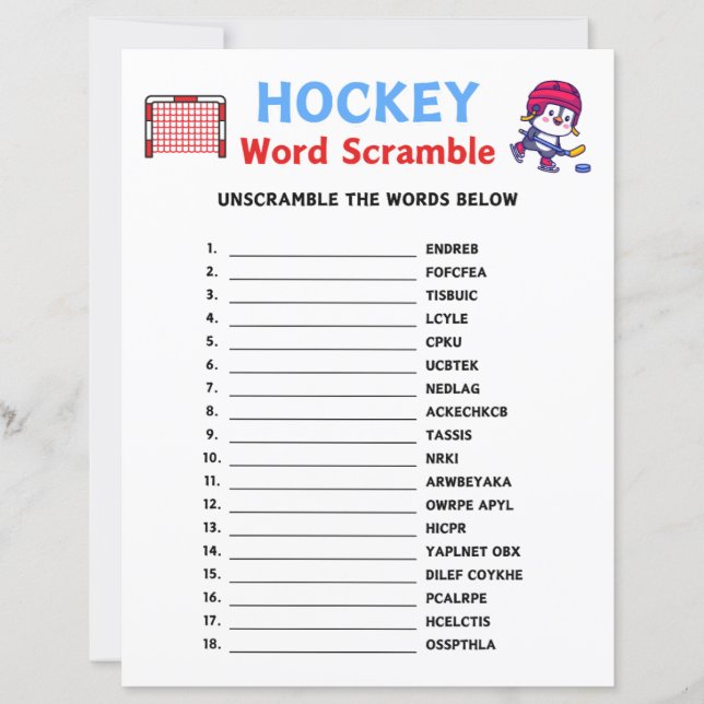 Lámina Juego de hockey Word Scramble (Anverso)