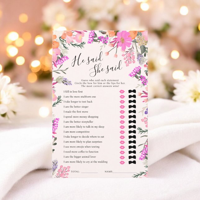 Lámina Juego de la despedida de soltera con flores rosada (He said she said pink floral bridal shower game)
