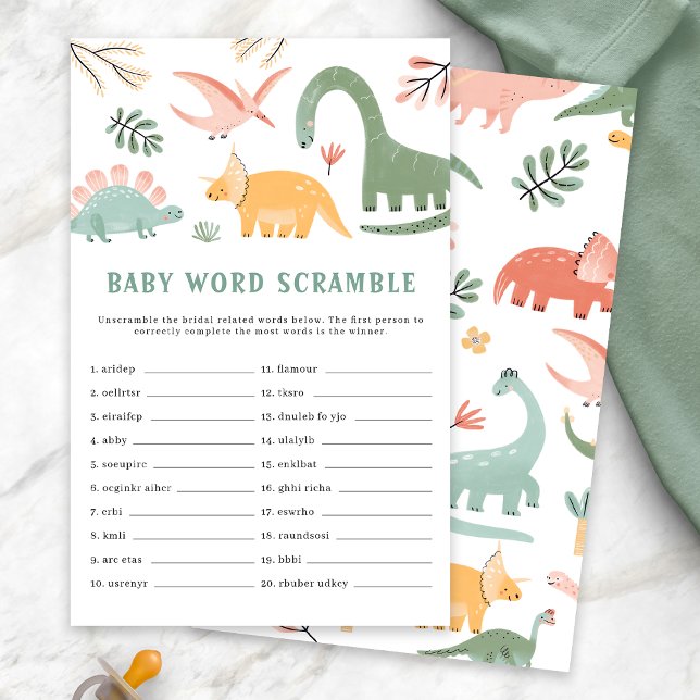 Lámina Juego de la ducha de bebé de dinosaurio (Dinosaur Baby Shower Baby Word Scramble Game Card by Painted Paperie)