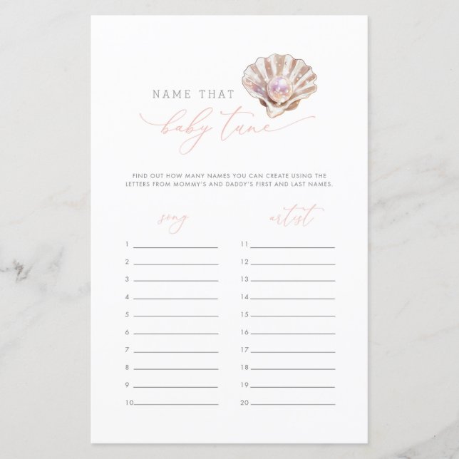 Lámina Juego de la ducha de bebé Little Pearl Name That B (Anverso)