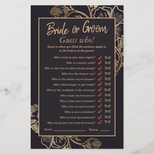 Lámina Juego de la ducha de novia con rosas de metal dora (Anverso)