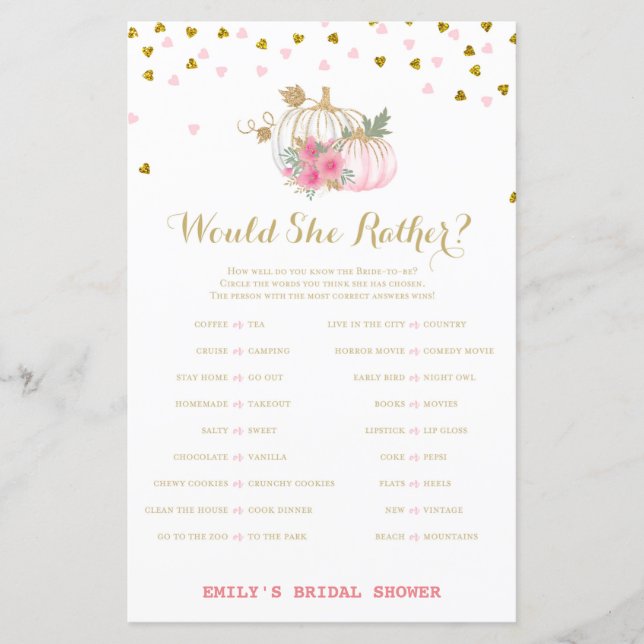 Lámina Juego de la ducha de novia de otoño rosa y dorado, (Anverso)