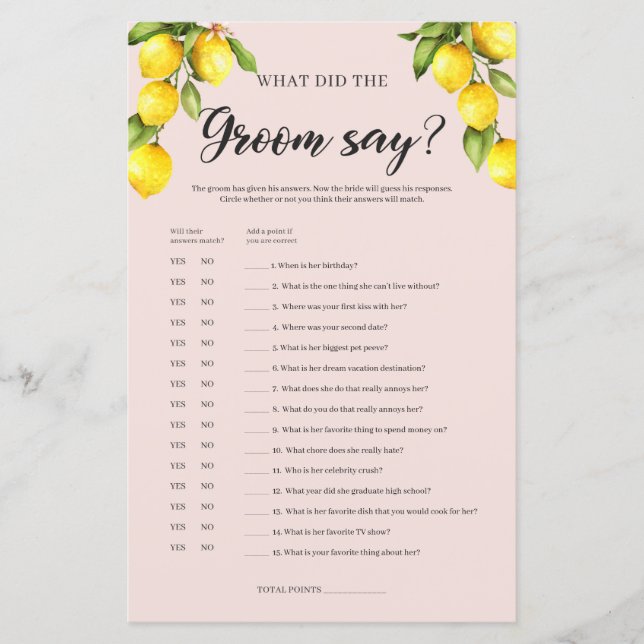 Lámina Juego de la ducha nupcial de limón Lo que dijo el  (Anverso)