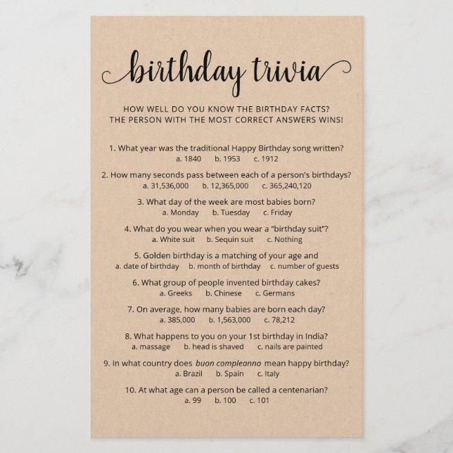 Lámina Juego de la Trivia de Cumpleaños con Respuestas Fi (Anverso)