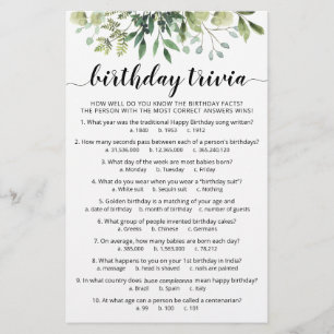 Lámina Juego de la Trivia de Cumpleaños con Respuestas Fi