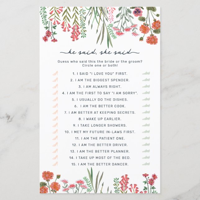 Lámina Juego de lluvia de ideas nupciales él dijo ella di (Anverso)