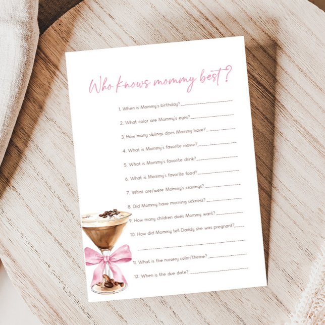 Lámina Juego de lluvia de Martini Espresso con lazo rosa  (Espresso Baby Shower Game)