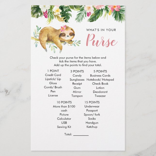 Lámina Juego de maletas para Baby Shower Sloth Chica Trop (Anverso)