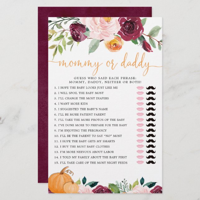 Lámina Juego de mamá o papá Calabazas florales caídas (Anverso / Reverso)