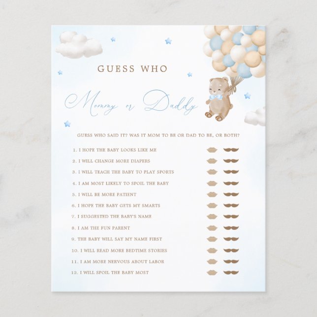 Lámina Juego de mamá o papá de Baby Shower azul (Anverso)