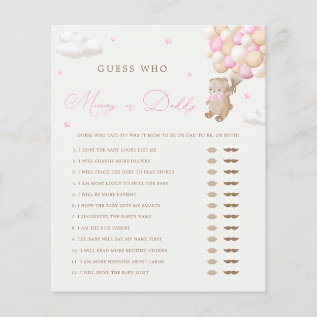 Lámina Juego de Mamá o Papá en Baby Shower de Osito Rosa (Anverso)