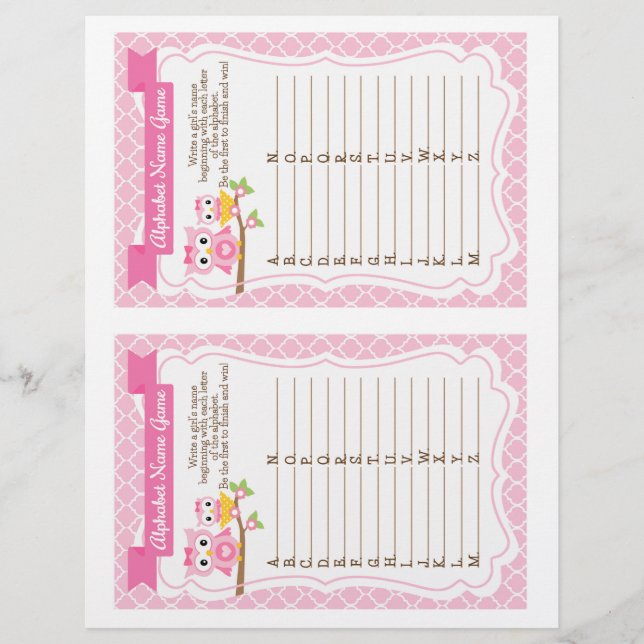Lámina Juego de nombres de alfabeto de búho Baby Shower (Anverso)