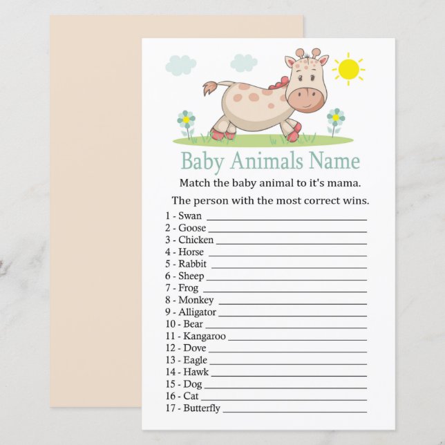 Lámina Juego de nombres de animales bebé jirafa (Anverso / Reverso)