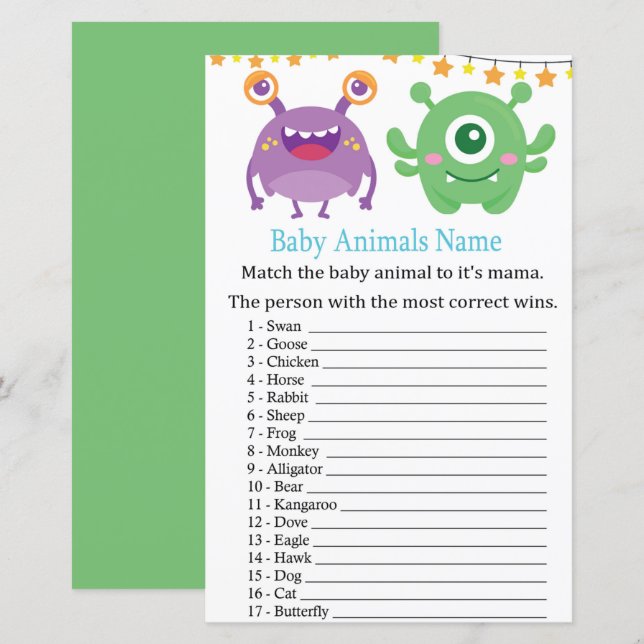 Lámina Juego de nombres de animales bebé monstruo (Anverso / Reverso)