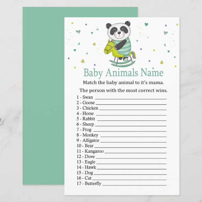 Lámina Juego de nombres de animales bebé panda (Anverso / Reverso)