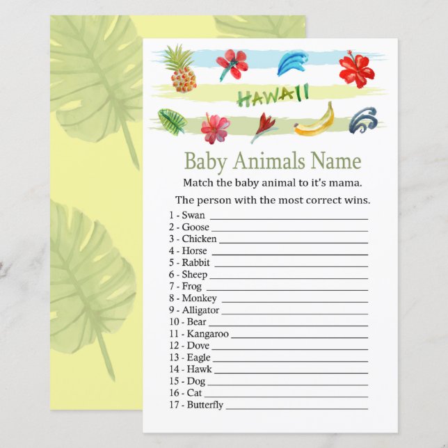 Lámina Juego de nombres de animales bebés de Hawaii (Anverso / Reverso)