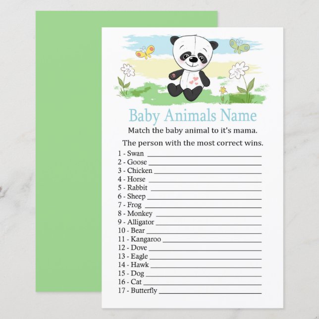 Lámina Juego de nombres de animales bebés panda bebé (Anverso / Reverso)