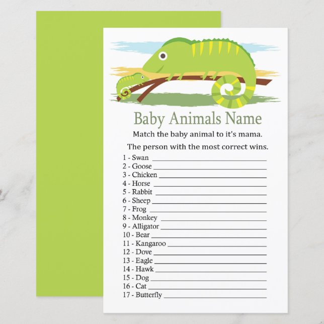 Lámina Juego de nombres de animales de bebé Chameleon (Anverso / Reverso)
