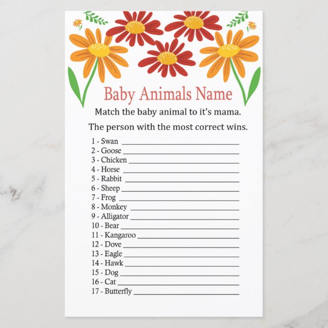 Lámina Juego de nombres de animales de bebé Chamomile (Anverso)