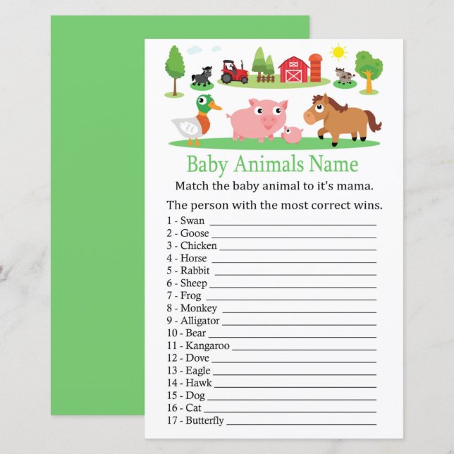 Lámina Juego de nombres de animales de bebé de Barnyard (Anverso / Reverso)