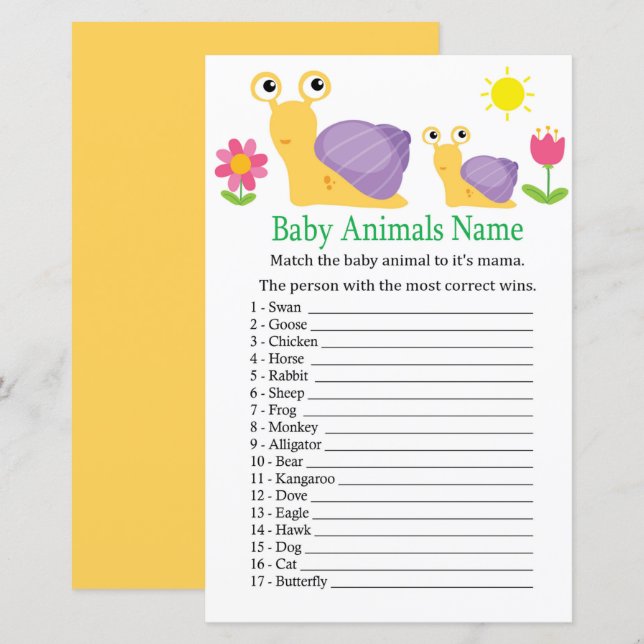 Lámina Juego de nombres de animales de bebé de caracol (Anverso / Reverso)