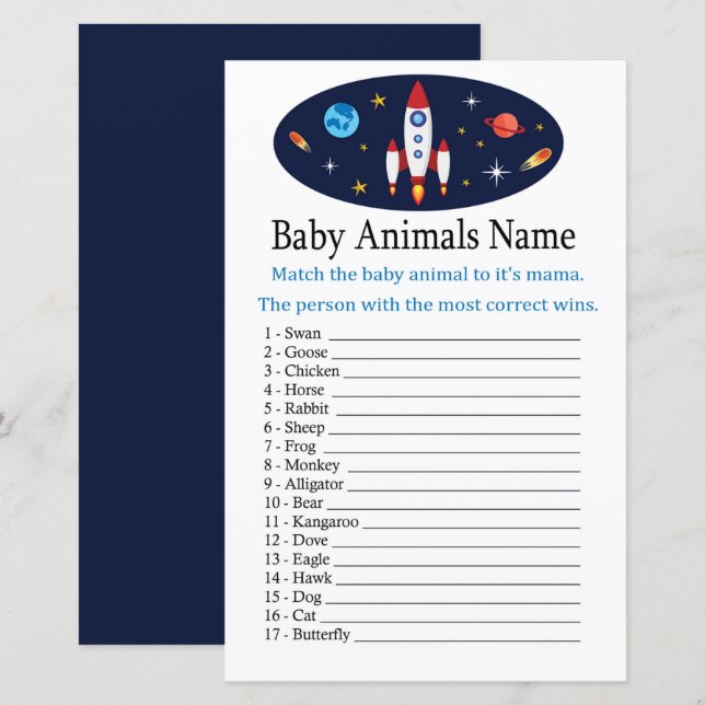 Lámina Juego de nombres de animales de bebé de cohete (Anverso / Reverso)