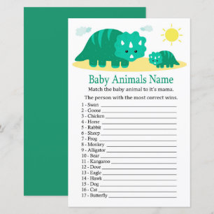 Lámina Juego de nombres de animales de bebé de Dino verde