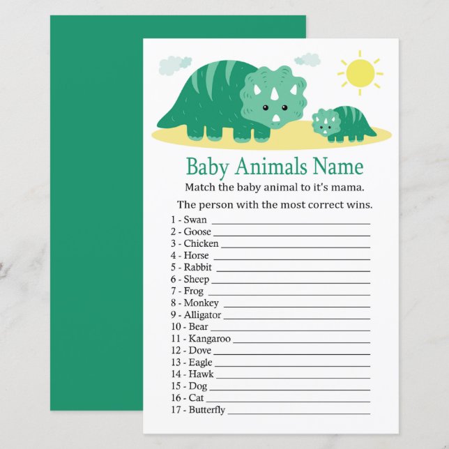 Lámina Juego de nombres de animales de bebé de Dino verde (Anverso / Reverso)