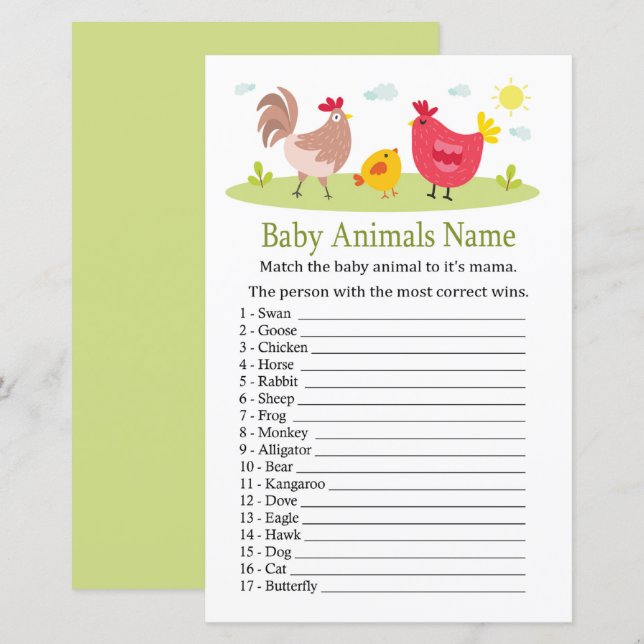 Lámina Juego de nombres de animales de bebé de pollo (Anverso / Reverso)