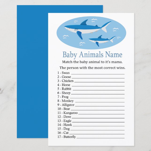 Lámina Juego de nombres de animales de bebé de tiburón (Anverso / Reverso)