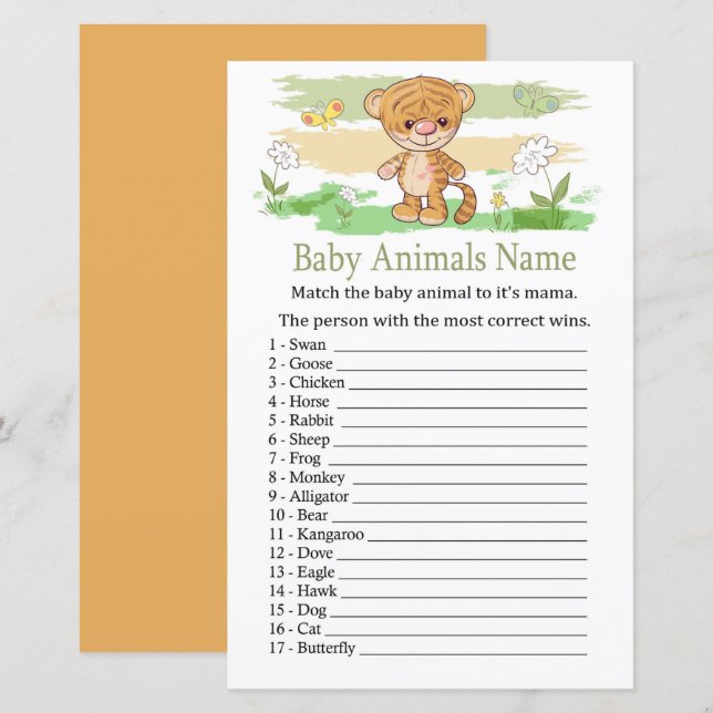 Lámina Juego de nombres de animales de bebé de tigres (Anverso / Reverso)