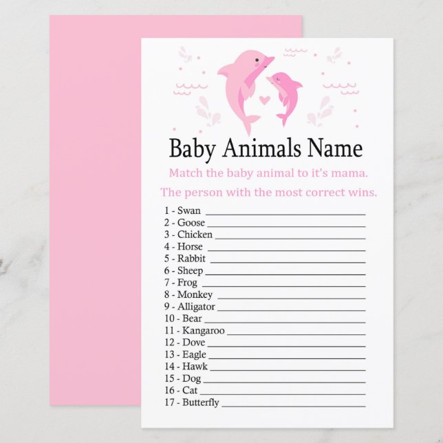 Lámina Juego de nombres de animales de bebé delfines rosa (Anverso / Reverso)