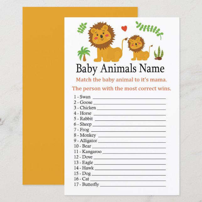 Lámina Juego de nombres de animales de bebé león (Anverso / Reverso)