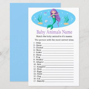 Lámina Juego de nombres de animales de bebé sirena