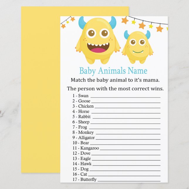 Lámina Juego de nombres de animales de monstruo amarillo (Anverso / Reverso)