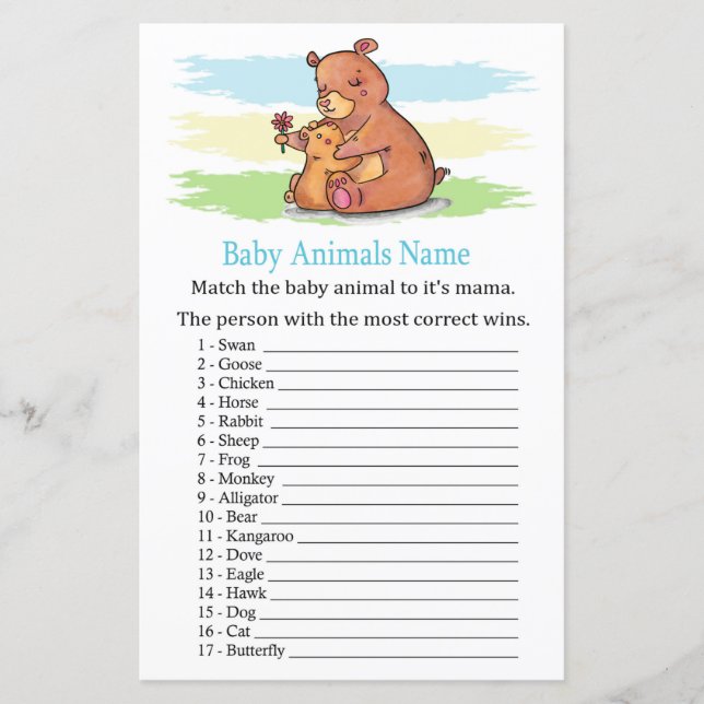 Lámina Juego de nombres de animales del bebé del oso (Anverso)