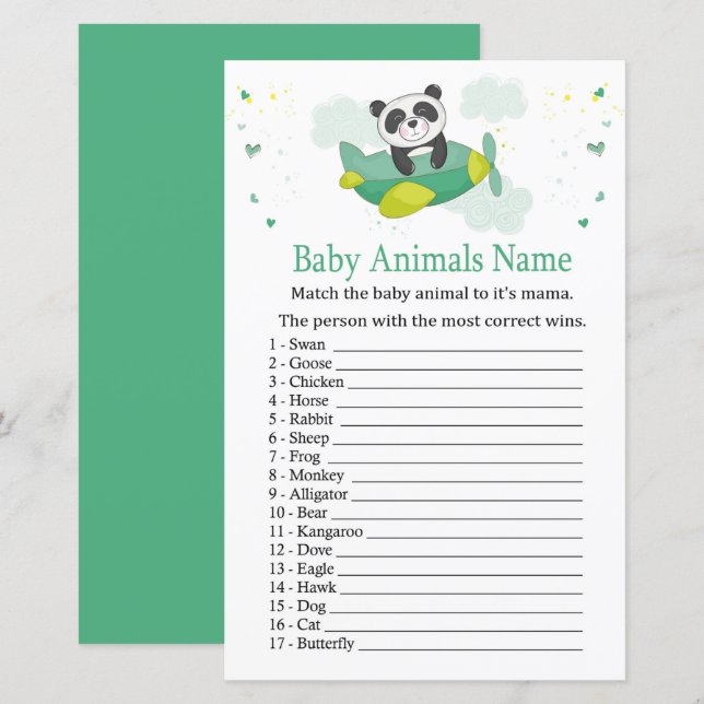 Lámina Juego de nombres de animales del bebé del panda li (Anverso / Reverso)