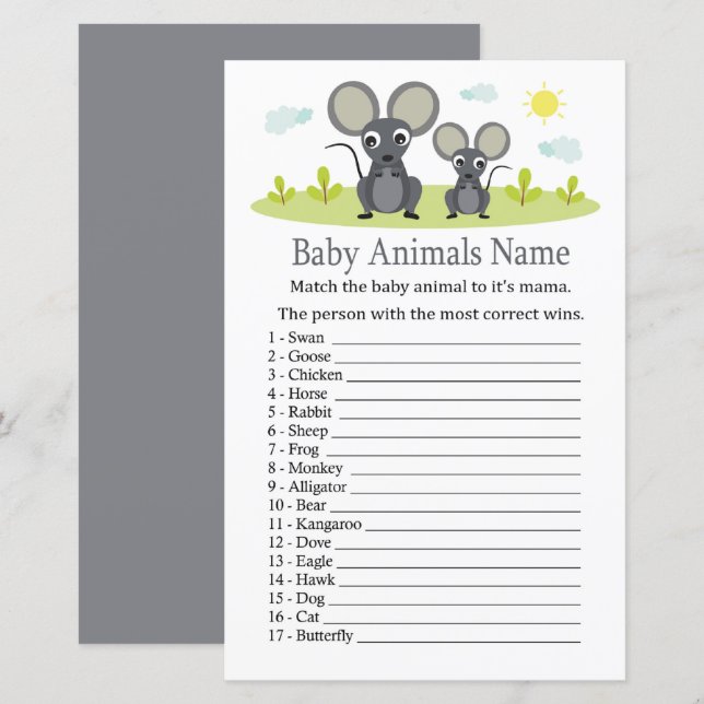 Lámina Juego de nombres de animales del bebé del ratón (Anverso / Reverso)