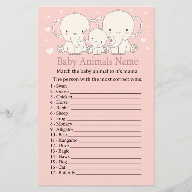 Lámina Juego de nombres de animales elefantes bebés (Anverso)
