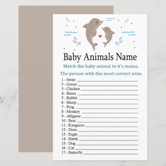 Lámina Juego de nombres de animales para bebés delfines (Anverso / Reverso)