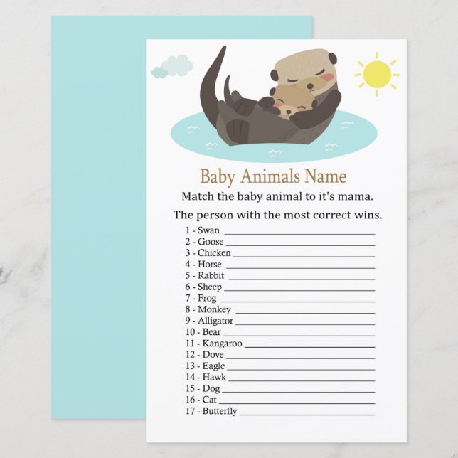 Lámina Juego de nombres de animales para bebés Otter (Anverso / Reverso)