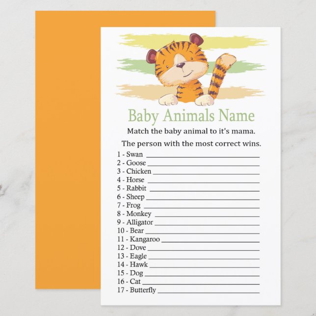Lámina Juego de nombres de animales para bebés tigres (Anverso / Reverso)
