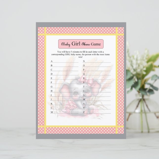 Lámina Juego de nombres de bebé de Elefante Rosa dulce (Anverso de pie)